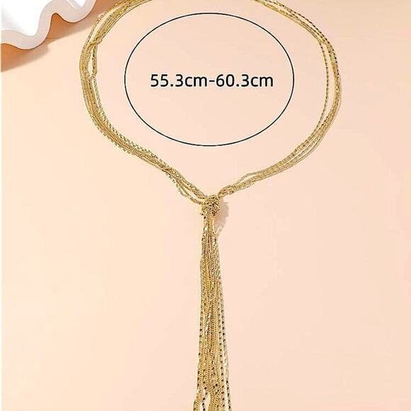 Gold Y Lariat Necklace, Multiple Strand, Statement, Boho - Picture 2 of 4